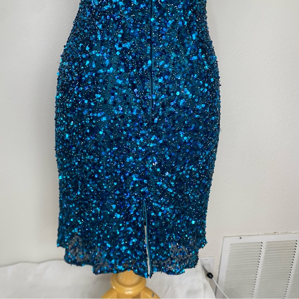 Vintage Women's Scala Blue Beaded Cap Sleeve Sheath Dress Size 14 Party Glam - Picture 9 of 16